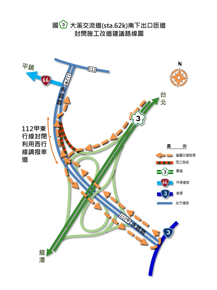 112年1月15日~18日（星期日~星期三）每日夜間21:00至翌日6:00時段內，分階段及時段施工封閉國道3號大溪交流道南出往中壢匝道、交流道路段62.3k-63雙向主線、大溪交流道至鶯歌系統北上主線，請改道行駛