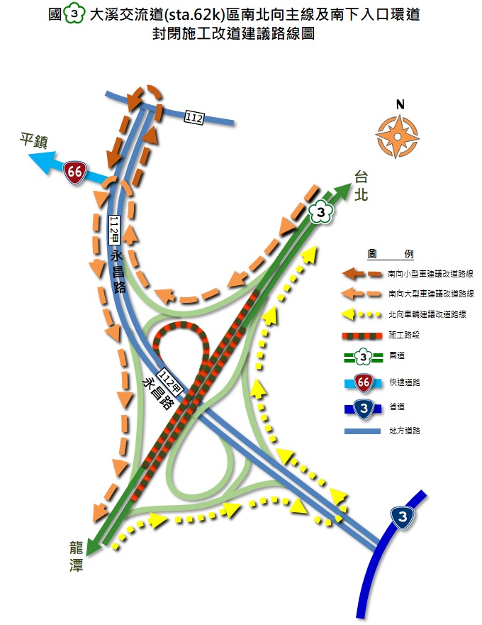 112年5月2-4日連續3日夜間21:00至翌日6:00，分階段施工封閉國道3號大溪交流道南入環道、北入匝環道及交流道路段(62.3k-63k)雙向主線，請改道行駛