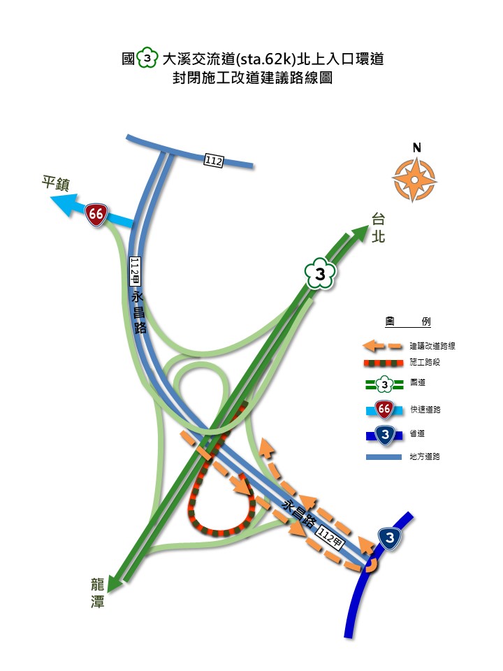 112年9月25~27日每日夜間9:00至翌日6:00，分階段施工封閉國道3號大溪交流道北入匝環道，請改道行駛