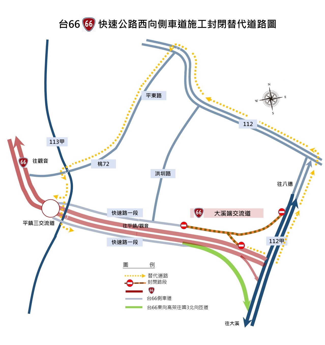 112年12月27日21:00至翌日6:00，施工封閉台66線西向側車道，請改道行駛