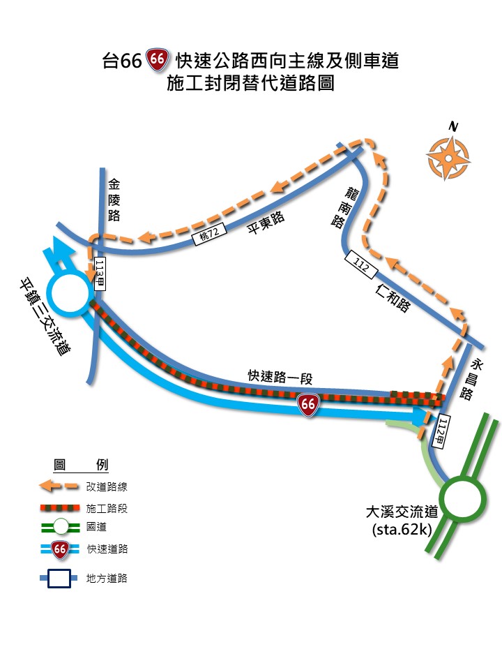 113年1月24~25日連續2個夜間10:00至翌日6:00，施工封閉台66線西向平鎮三-大溪端主線車道及西向平面車道，請改道行駛