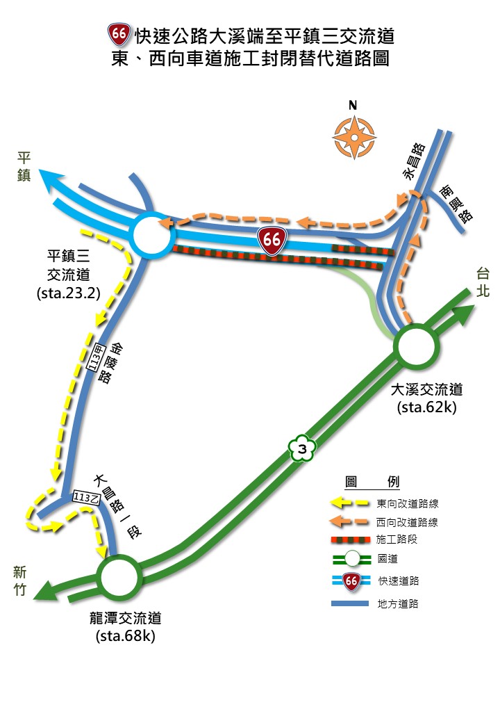 113年3月13~15日每日夜間10:00至翌日6:00，施工封閉台66線東、西向平鎮三-大溪端主線車道，請改道行駛